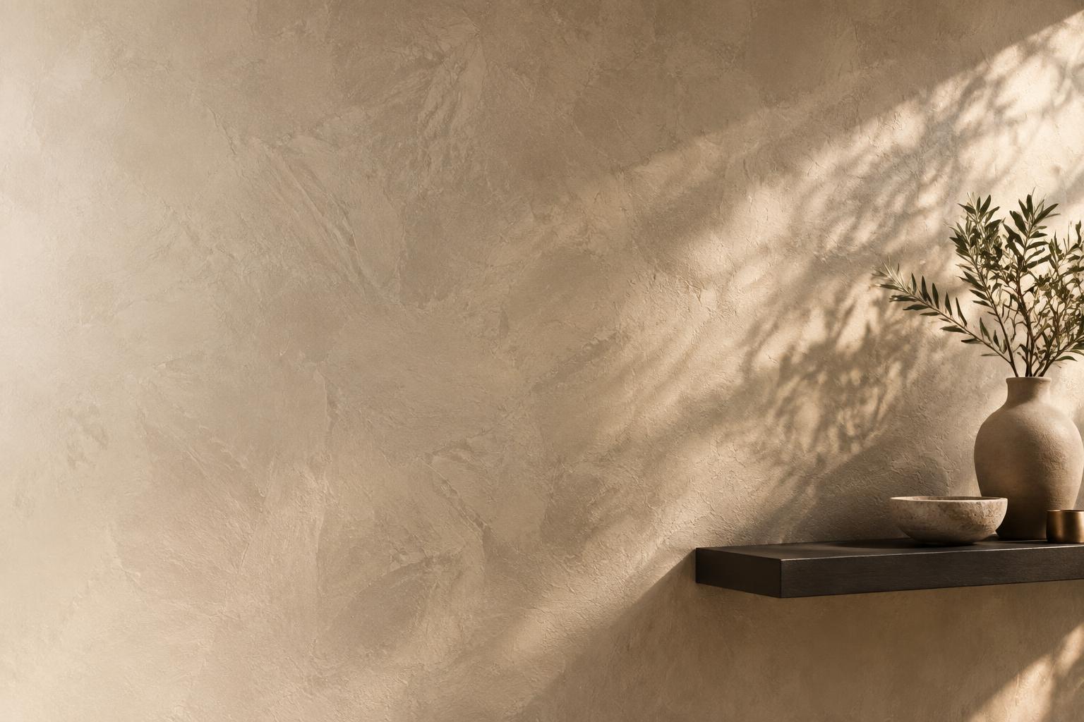 Warm natural light revealing Venetian Stucco on an interior wall