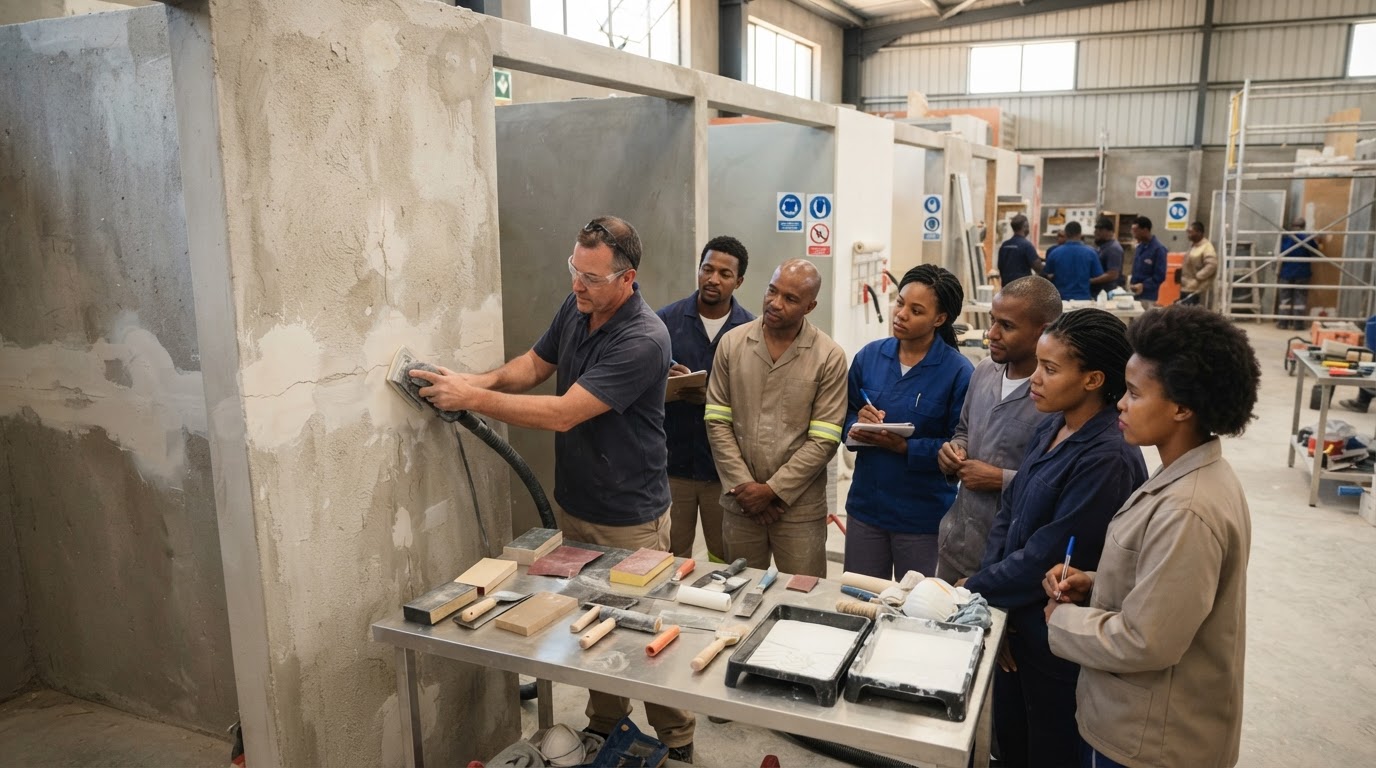 Instructor demonstrating wall sanding to a group of trainees in a workshop