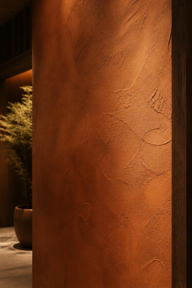 Copper-toned textured plaster wall in warm side light