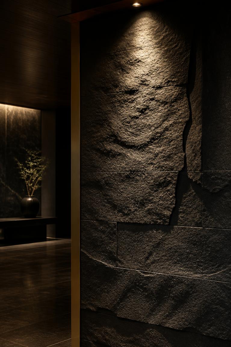 Charcoal stone-textured feature wall under a warm downlight