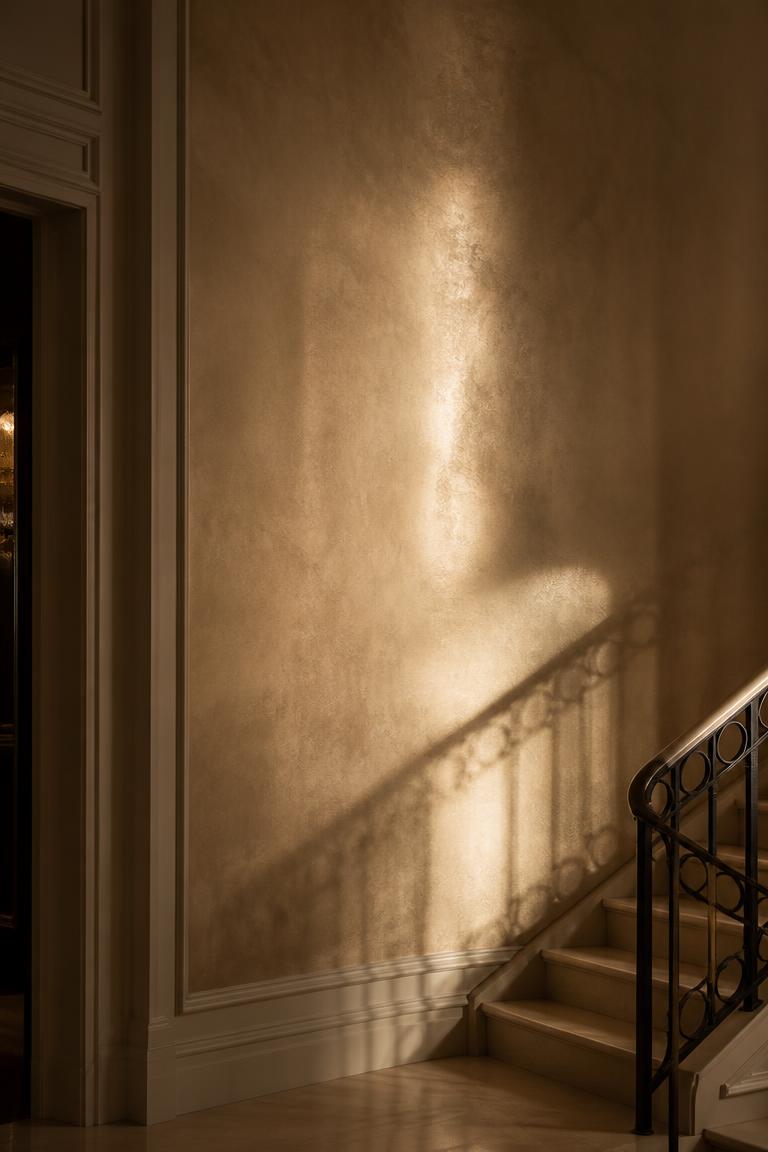 Gold suede wall finish with a balustrade shadow