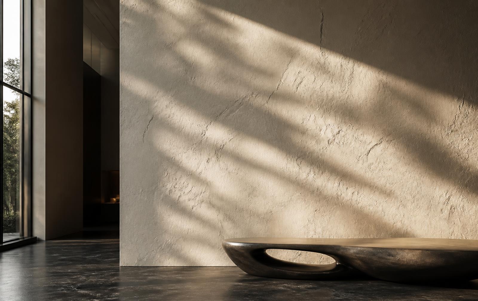Textured feature wall in a luxury lobby, lit by low daylight