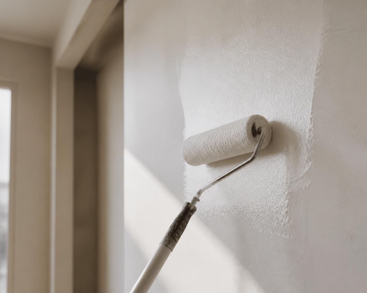 Primer being rolled onto a wall in soft daylight