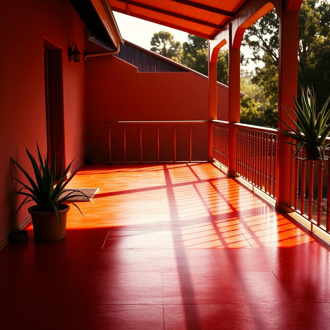 A polished oxide-red stoep floor catching late afternoon sun